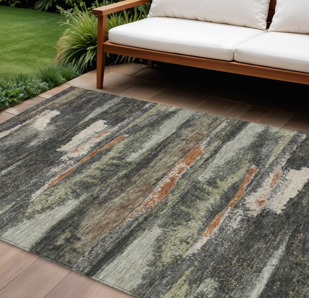 HomeRoots 5' Charcoal Copper and Ivory Abstract Area Rug for Indoor and Outdoor Use – Stylish, Durable, Easy Care 10' X 14' 612490