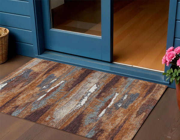 Homeroots 3' Abstract Washable Indoor Outdoor Area Rug In Teal Blue And Navy – Perfect For High Traffic Spaces! Copper Polyester 612491