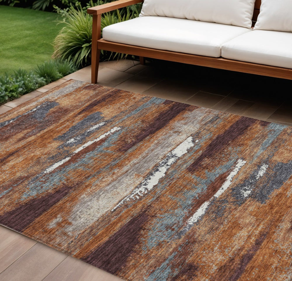 HomeRoots 5' Modern Copper and Ivory Abstract Washable Area Rug – Stylish, Durable for Indoor and Outdoor Use 9' X 12' 612495