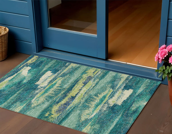 Homeroots 3' Abstract Washable Indoor Outdoor Area Rug In Teal Blue And Navy – Perfect For High Traffic Spaces! Emerald Polyester 612497