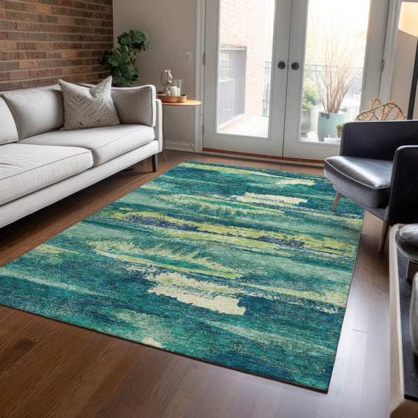 Homeroots 3' Abstract Washable Indoor Outdoor Area Rug In Teal Blue And Navy – Perfect For High Traffic Spaces! Emerald Polyester 612497