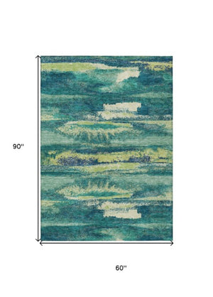Homeroots 3' Abstract Washable Indoor Outdoor Area Rug In Teal Blue And Navy – Perfect For High Traffic Spaces! Emerald Polyester 612498