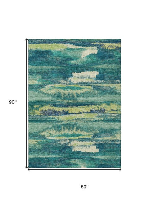 Homeroots 3' Abstract Washable Indoor Outdoor Area Rug In Teal Blue And Navy – Perfect For High Traffic Spaces! Emerald Polyester 612498