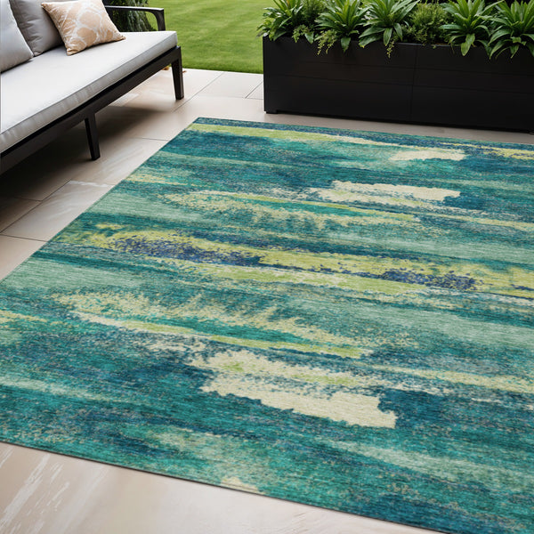 Homeroots 3' Abstract Washable Indoor Outdoor Area Rug In Teal Blue And Navy – Perfect For High Traffic Spaces! Emerald Polyester 612498