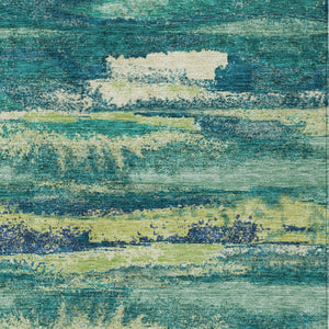 Homeroots 3' Abstract Washable Indoor Outdoor Area Rug In Teal Blue And Navy – Perfect For High Traffic Spaces! Emerald Polyester 612498