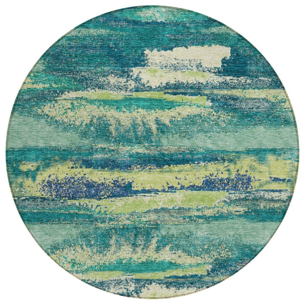 HomeRoots 5' Emerald and Lime Green Abstract Area Rug - Stylish, Washable, Indoor/Outdoor Durable Design for All Spaces 8' Round 612499