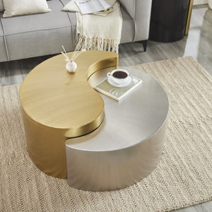 English Elm Ying Yang Modern Coffee Table - Sculptural Iron Frame In Gold & Silver, Perfect For Stylish Living Rooms G150108938-GIGA