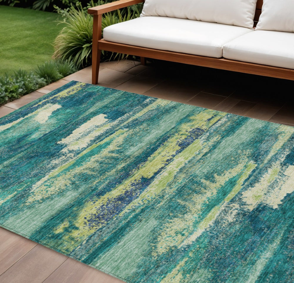 HomeRoots 5' Emerald and Lime Green Abstract Area Rug - Stylish, Washable, Indoor/Outdoor Durable Design for All Spaces 10' X 14' 612502