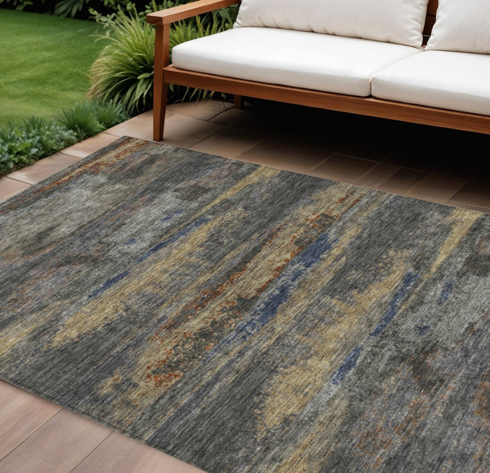 HomeRoots 5' Graphite and Gray Abstract Area Rug - Modern Design, Washable, Indoor/Outdoor Versatility and Durability 10' X 14' 612508