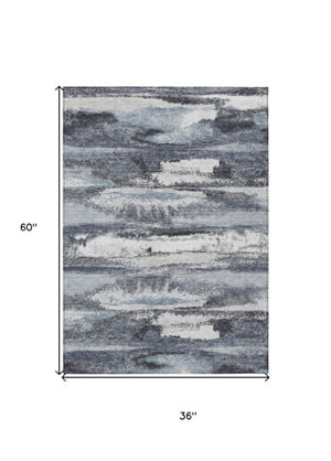 Homeroots 3' Abstract Washable Indoor Outdoor Area Rug In Teal Blue And Navy – Perfect For High Traffic Spaces! Gray Polyester 612509
