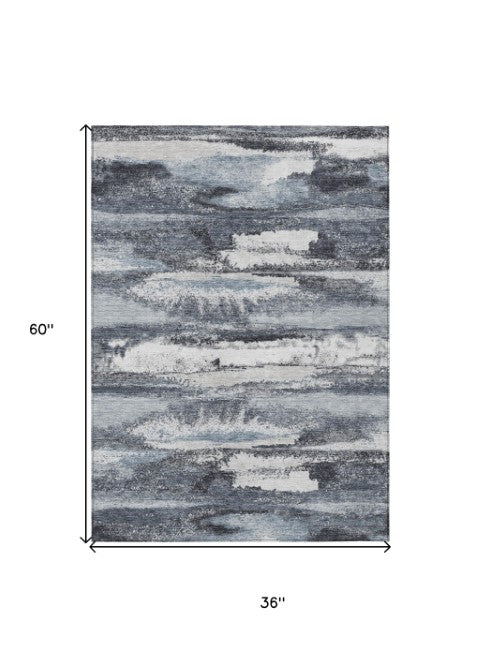 Homeroots 3' Abstract Washable Indoor Outdoor Area Rug In Teal Blue And Navy – Perfect For High Traffic Spaces! Gray Polyester 612509
