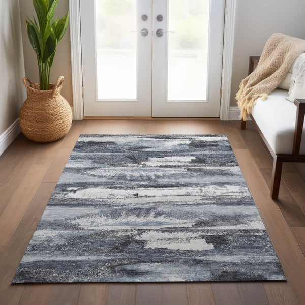 Homeroots 3' Abstract Washable Indoor Outdoor Area Rug In Teal Blue And Navy – Perfect For High Traffic Spaces! Gray Polyester 612513