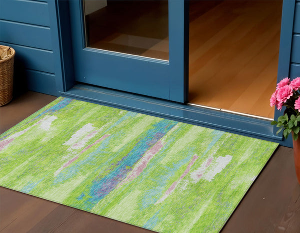Homeroots 3' Abstract Washable Indoor Outdoor Area Rug In Teal Blue And Navy – Perfect For High Traffic Spaces! Lime Green Polyester 612515
