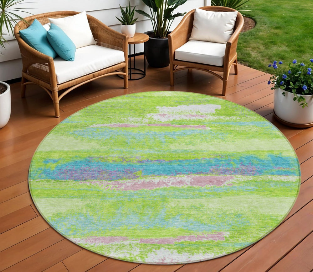 HomeRoots 5' Vibrant Lime Green and Sky Blue Abstract Area Rug for Indoor and Outdoor Spaces – Easy Care! 8' Round 612517