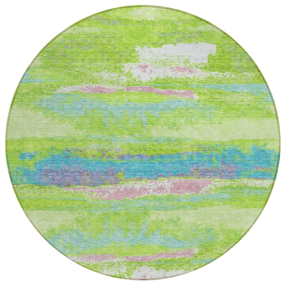 HomeRoots 5' Vibrant Lime Green and Sky Blue Abstract Area Rug for Indoor and Outdoor Spaces – Easy Care! 8' Round 612517