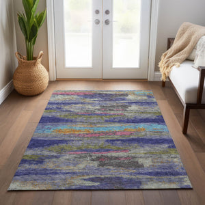 Homeroots 3' Abstract Washable Indoor Outdoor Area Rug In Teal Blue And Navy – Perfect For High Traffic Spaces! Lavender Polyester 612521