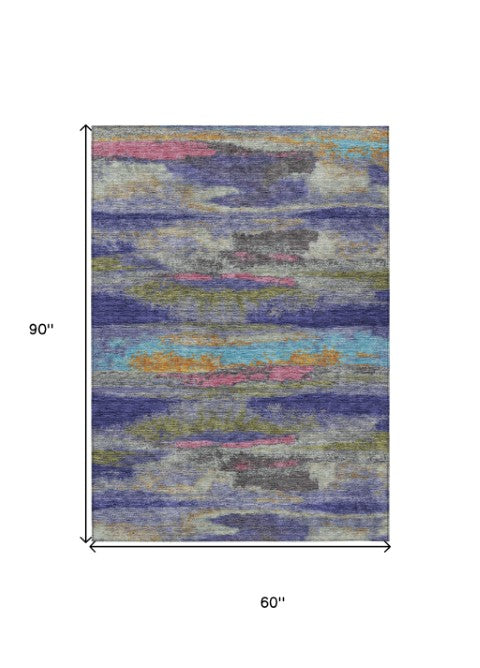 Homeroots 3' Abstract Washable Indoor Outdoor Area Rug In Teal Blue And Navy – Perfect For High Traffic Spaces! Lavender Polyester 612522