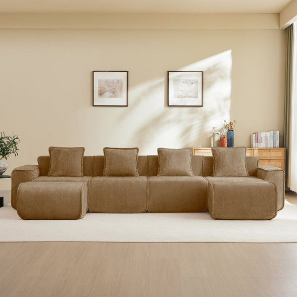 English Elm Streamlined Modular U-shape Sectional Velvet Sofa with Cloud Comfort and Movable Ottomans Brown W3041S00377