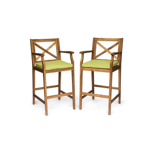 English Elm Christopher Knight Home® - PERLA Acacia Wood Outdoor Barstool Set of 2 with Water-Resistant Cushions, Cross-Back Farmhouse Charm Green 63748.00GRN