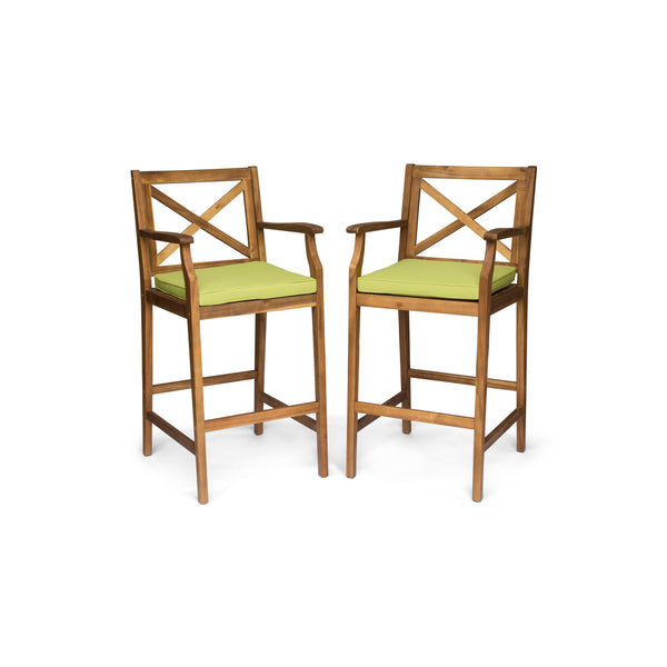 English Elm Christopher Knight Home® - PERLA Acacia Wood Outdoor Barstool Set of 2 with Water-Resistant Cushions, Cross-Back Farmhouse Charm Green 63748.00GRN