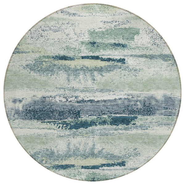 HomeRoots 5' Abstract Washable Area Rug in Mint Green, Ivory & Denim Blue - Perfect for Indoor & Outdoor Use 8' Round 612535