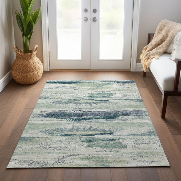 Homeroots 3' Abstract Washable Indoor Outdoor Area Rug In Teal Blue And Navy – Perfect For High Traffic Spaces! Mint Green Polyester 612538
