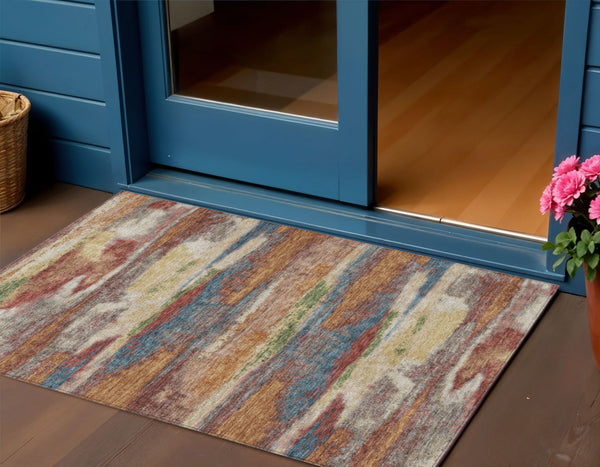 Homeroots 3' Abstract Washable Indoor Outdoor Area Rug In Teal Blue And Navy – Perfect For High Traffic Spaces! Orange Polyester 612539