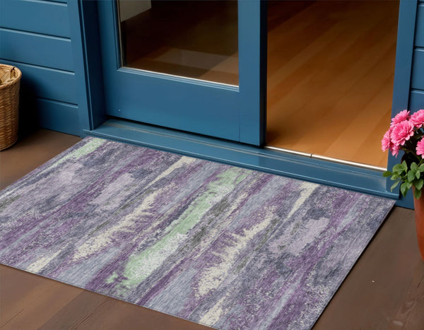 Homeroots 3' Abstract Washable Indoor Outdoor Area Rug In Teal Blue And Navy – Perfect For High Traffic Spaces! Purple Polyester 612545