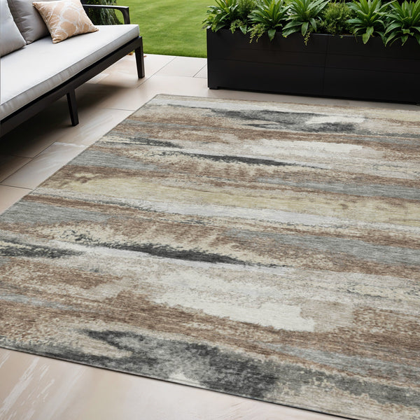Homeroots 3' Abstract Washable Indoor Outdoor Area Rug In Teal Blue And Navy – Perfect For High Traffic Spaces! Taupe Polyester 612552