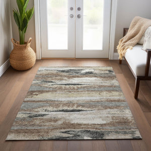 Homeroots 3' Abstract Washable Indoor Outdoor Area Rug In Teal Blue And Navy – Perfect For High Traffic Spaces! Taupe Polyester 612552
