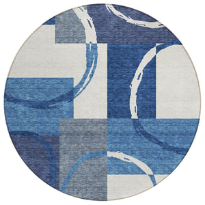 HomeRoots 5' Blue and Ivory Geometric Area Rug – Stylish, Washable, Indoor/Outdoor Rug for Modern Spaces 8' Round 612571