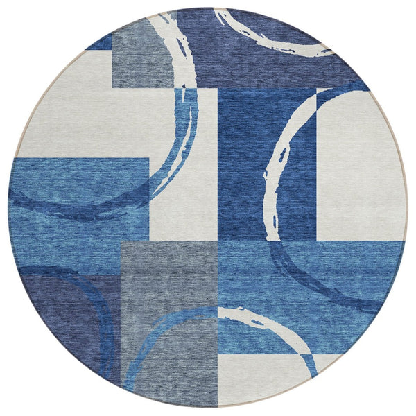HomeRoots 5' Blue and Ivory Geometric Area Rug – Stylish, Washable, Indoor/Outdoor Rug for Modern Spaces 8' Round 612571