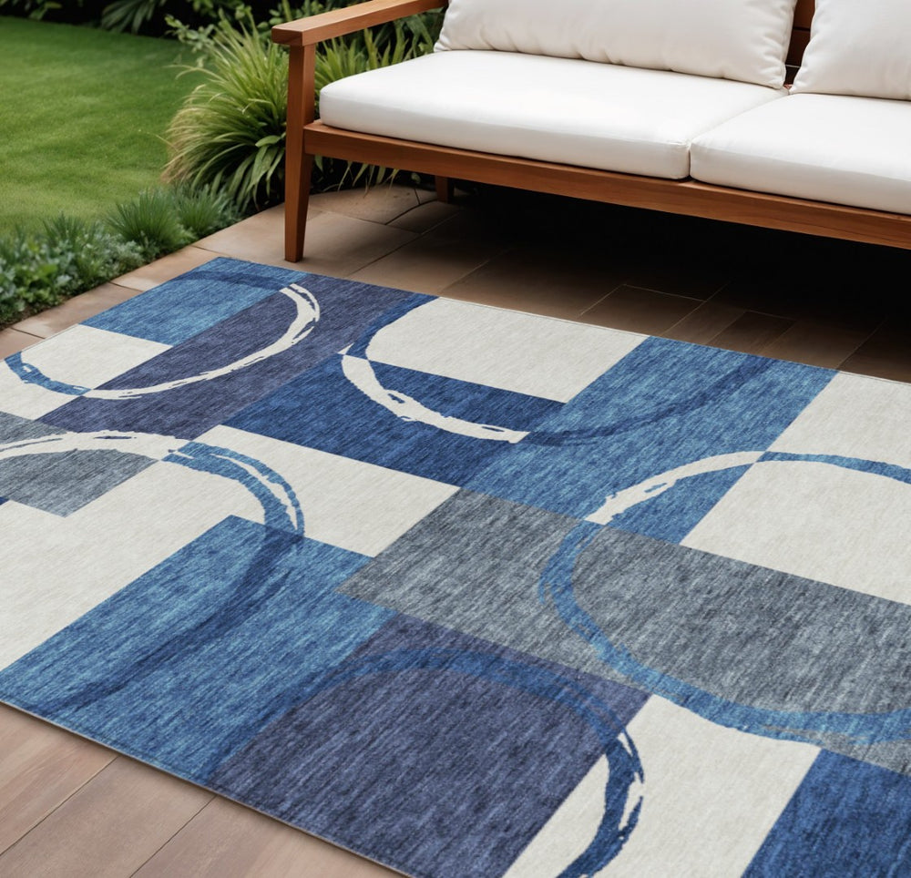HomeRoots 5' Blue and Ivory Geometric Area Rug – Stylish, Washable, Indoor/Outdoor Rug for Modern Spaces 9' X 12' 612573