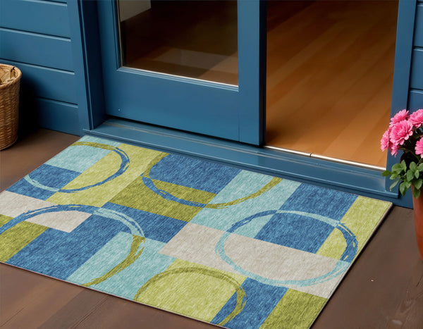 Homeroots 3' Abstract Washable Indoor Outdoor Area Rug In Stylish Mint Green Design For Versatile Spaces Denim Blue Polyester 612575