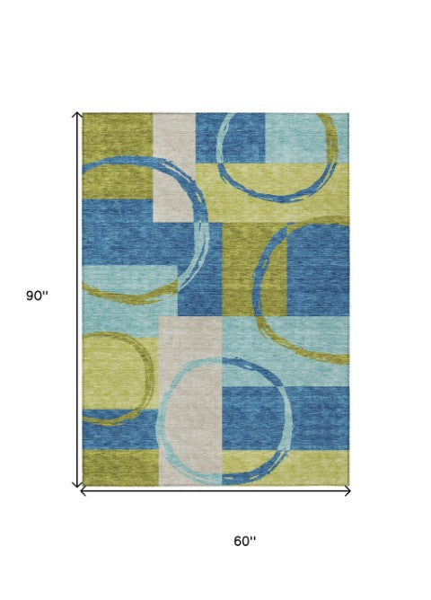 Homeroots 3' Abstract Washable Indoor Outdoor Area Rug In Stylish Mint Green Design For Versatile Spaces Denim Blue Polyester 612576
