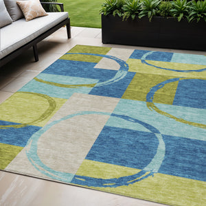 Homeroots 3' Abstract Washable Indoor Outdoor Area Rug In Stylish Mint Green Design For Versatile Spaces Denim Blue Polyester 612576