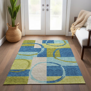 Homeroots 3' Abstract Washable Indoor Outdoor Area Rug In Stylish Mint Green Design For Versatile Spaces Denim Blue Polyester 612576