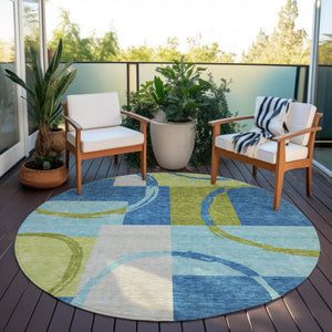 Homeroots 3' Abstract Washable Indoor Outdoor Area Rug In Stylish Mint Green Design For Versatile Spaces Denim Blue Polyester 612577
