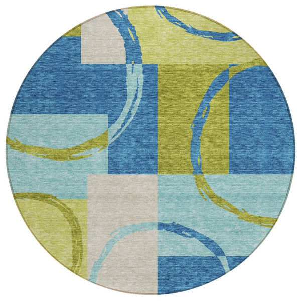 HomeRoots 5' Vibrant Denim Blue and Lime Green Geometric Area Rug - Durable, Washable for Indoor & Outdoor Use 8' Round 612577