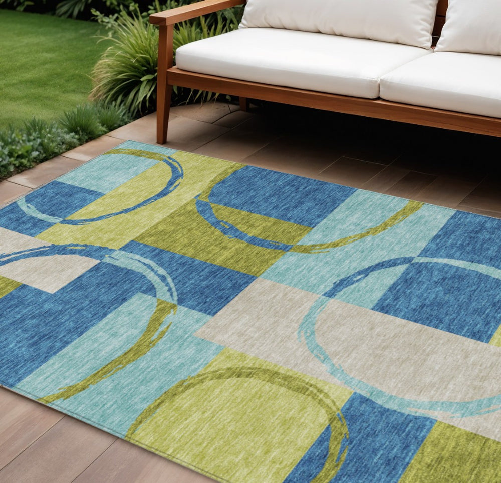 HomeRoots 5' Vibrant Denim Blue and Lime Green Geometric Area Rug - Durable, Washable for Indoor & Outdoor Use 8' X 10' 612578