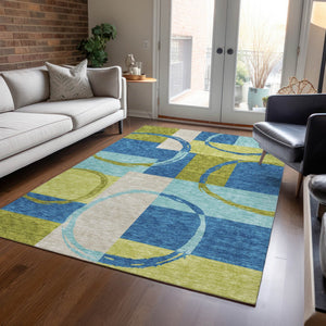 Homeroots 3' Abstract Washable Indoor Outdoor Area Rug In Stylish Mint Green Design For Versatile Spaces Denim Blue Polyester 612580