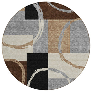 HomeRoots 5' Modern Pewter Gray & Black Geometric Area Rug - Washable, Durable, Indoor/Outdoor Versatile Design 8' Round 612589