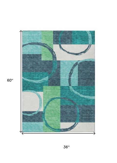 Homeroots 3' Abstract Washable Indoor Outdoor Area Rug In Stylish Mint Green Design For Versatile Spaces Teal Blue Polyester 612593