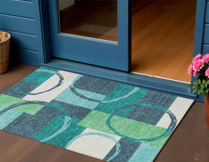 Homeroots 3' Abstract Washable Indoor Outdoor Area Rug In Stylish Mint Green Design For Versatile Spaces Teal Blue Polyester 612593