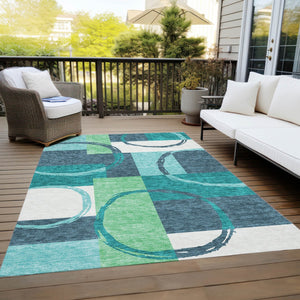 Homeroots 3' Abstract Washable Indoor Outdoor Area Rug In Stylish Mint Green Design For Versatile Spaces Teal Blue Polyester 612593