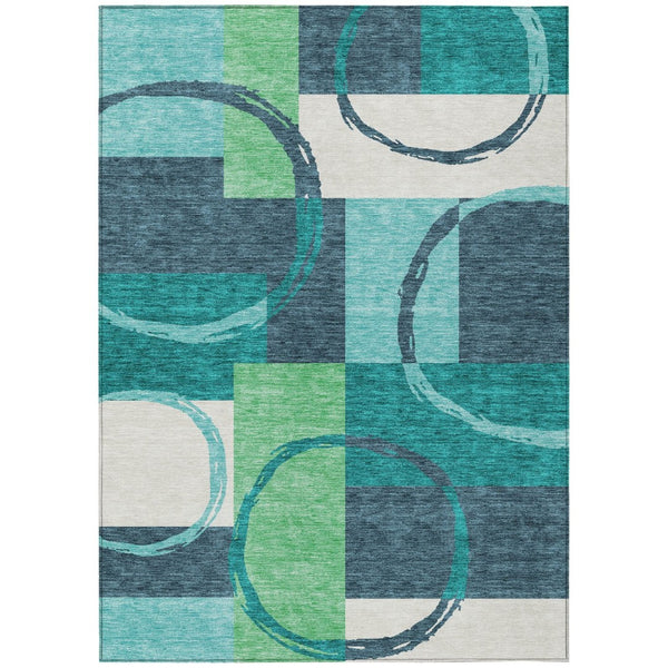 HomeRoots 5' Vibrant Teal Blue and Green Geometric Washable Area Rug for Indoor and Outdoor Spaces 5' X 8' 612594