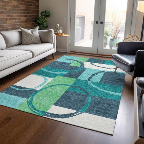 Homeroots 3' Abstract Washable Indoor Outdoor Area Rug In Stylish Mint Green Design For Versatile Spaces Teal Blue Polyester 612594
