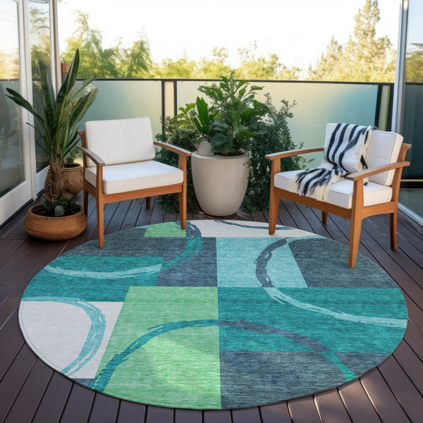 Homeroots 3' Abstract Washable Indoor Outdoor Area Rug In Stylish Mint Green Design For Versatile Spaces Teal Blue Polyester 612595