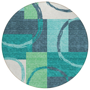 HomeRoots 5' Vibrant Teal Blue and Green Geometric Washable Area Rug for Indoor and Outdoor Spaces 8' Round 612595
