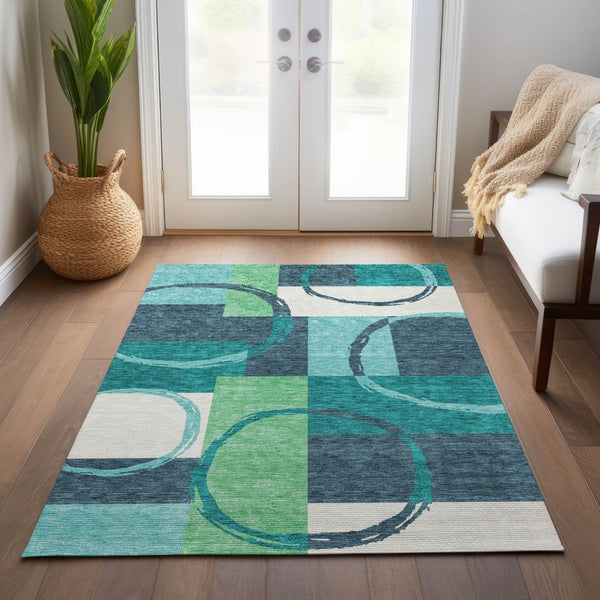 Homeroots 3' Abstract Washable Indoor Outdoor Area Rug In Stylish Mint Green Design For Versatile Spaces Teal Blue Polyester 612596